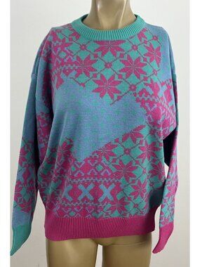 Vintage Skyr Women's M Acrylic Wool Sweater Geometric Snowflake Teal Pink Ski